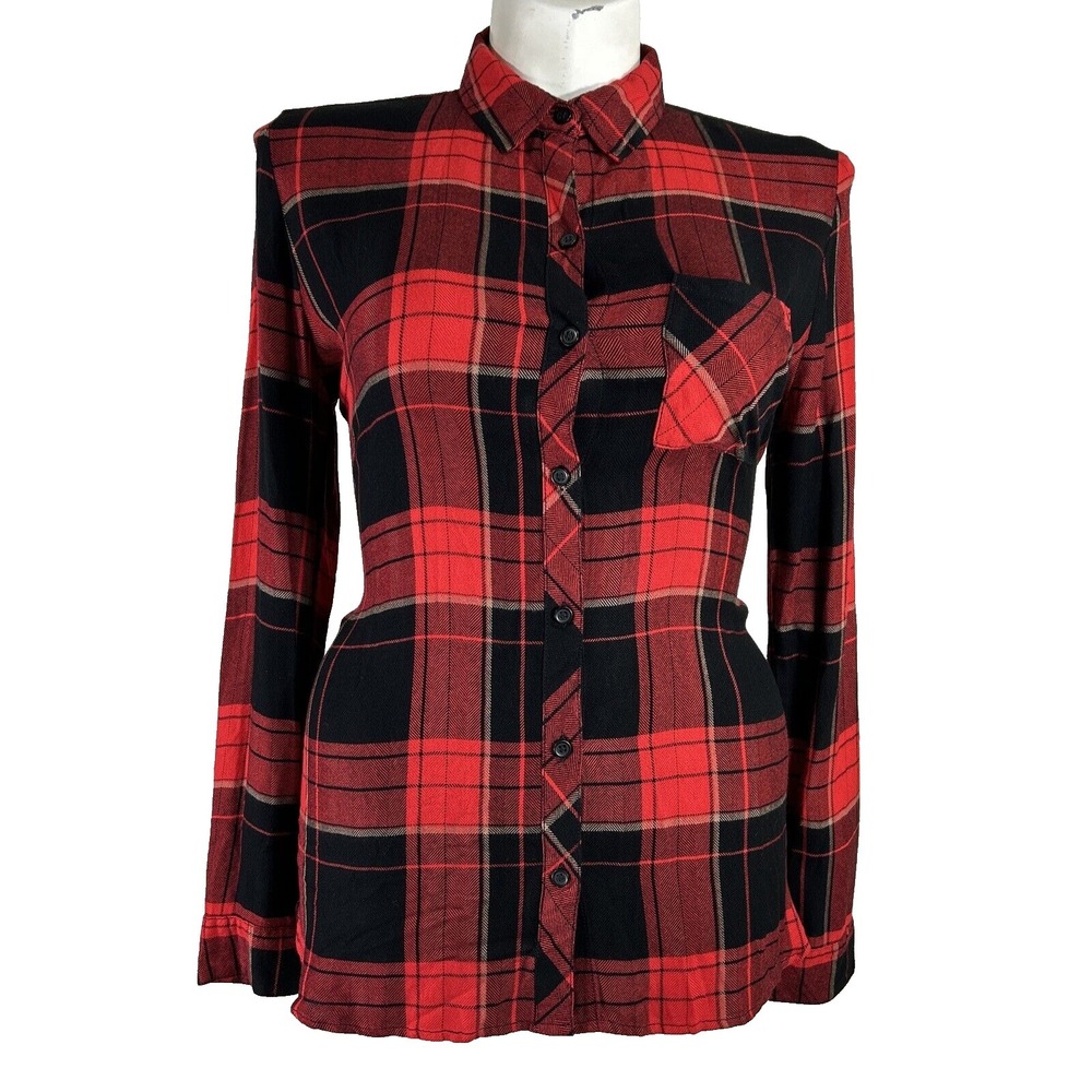Beach Lunch Lounge Top MED Red Black Plaid Shirt Split Hem‎ Button Soft Comfy